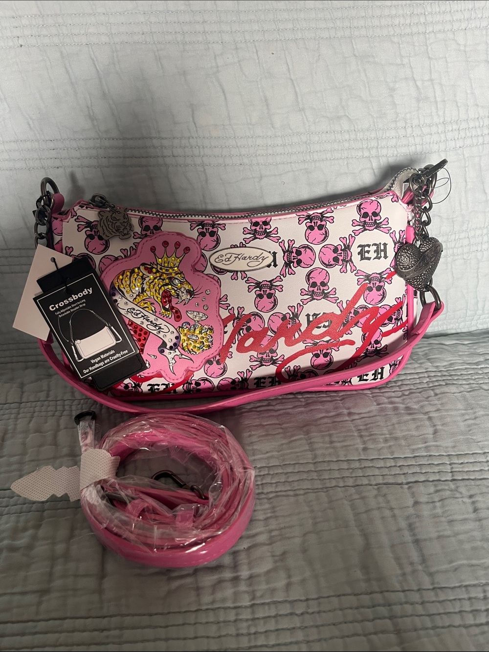 Ed Hardy Pink Graphic Skull Shoulder Bag